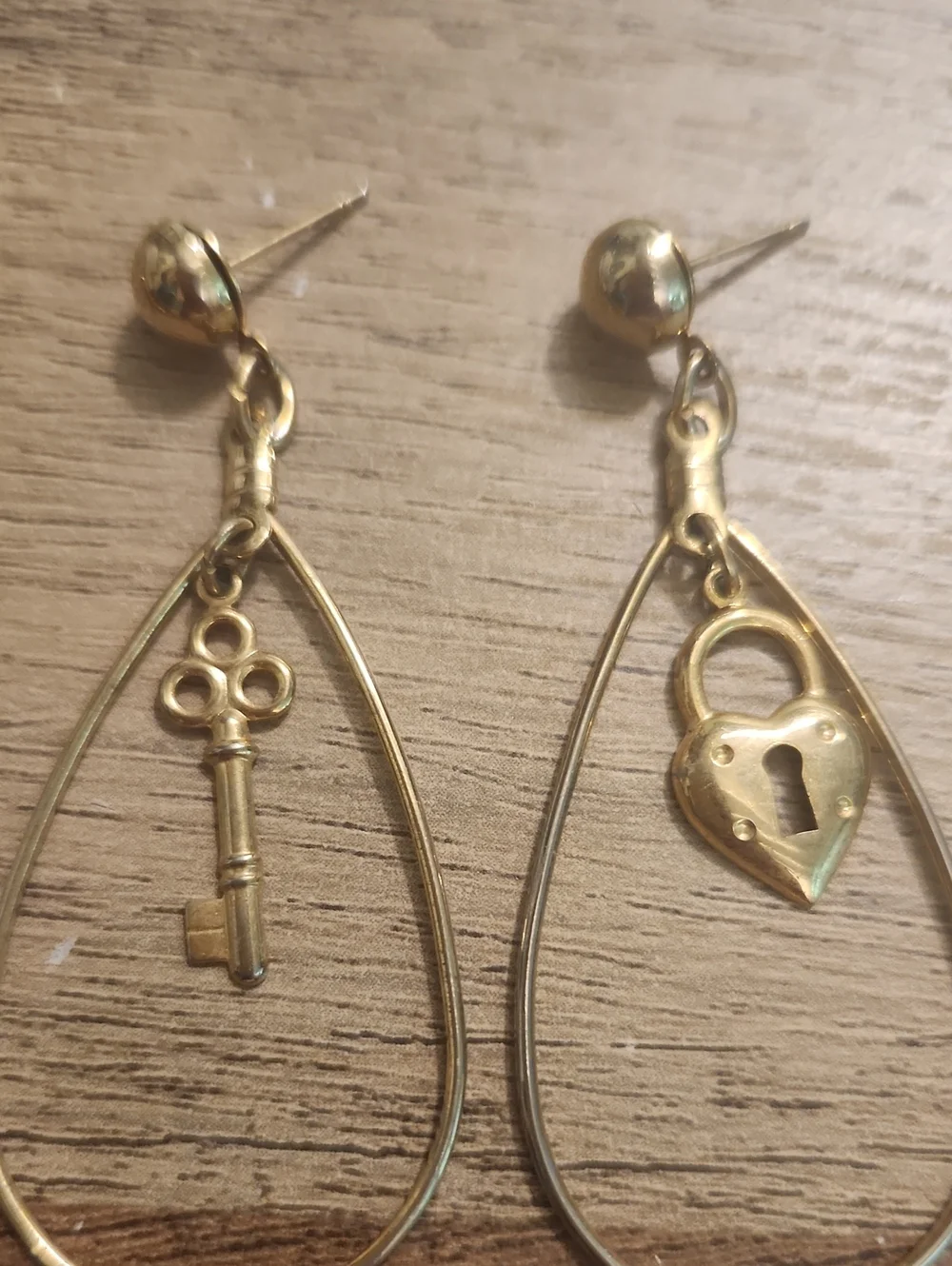 Gold Tone Vintage Key & Heart Drop Earrings And Gold Tone Dangles